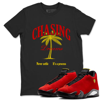 Chasing Dreams sneaker match t-shirt styled to complete your fit with the Air Jordan 14 Challenge Red sneakers, AJ14 Ferrari,  shown in Black 1.