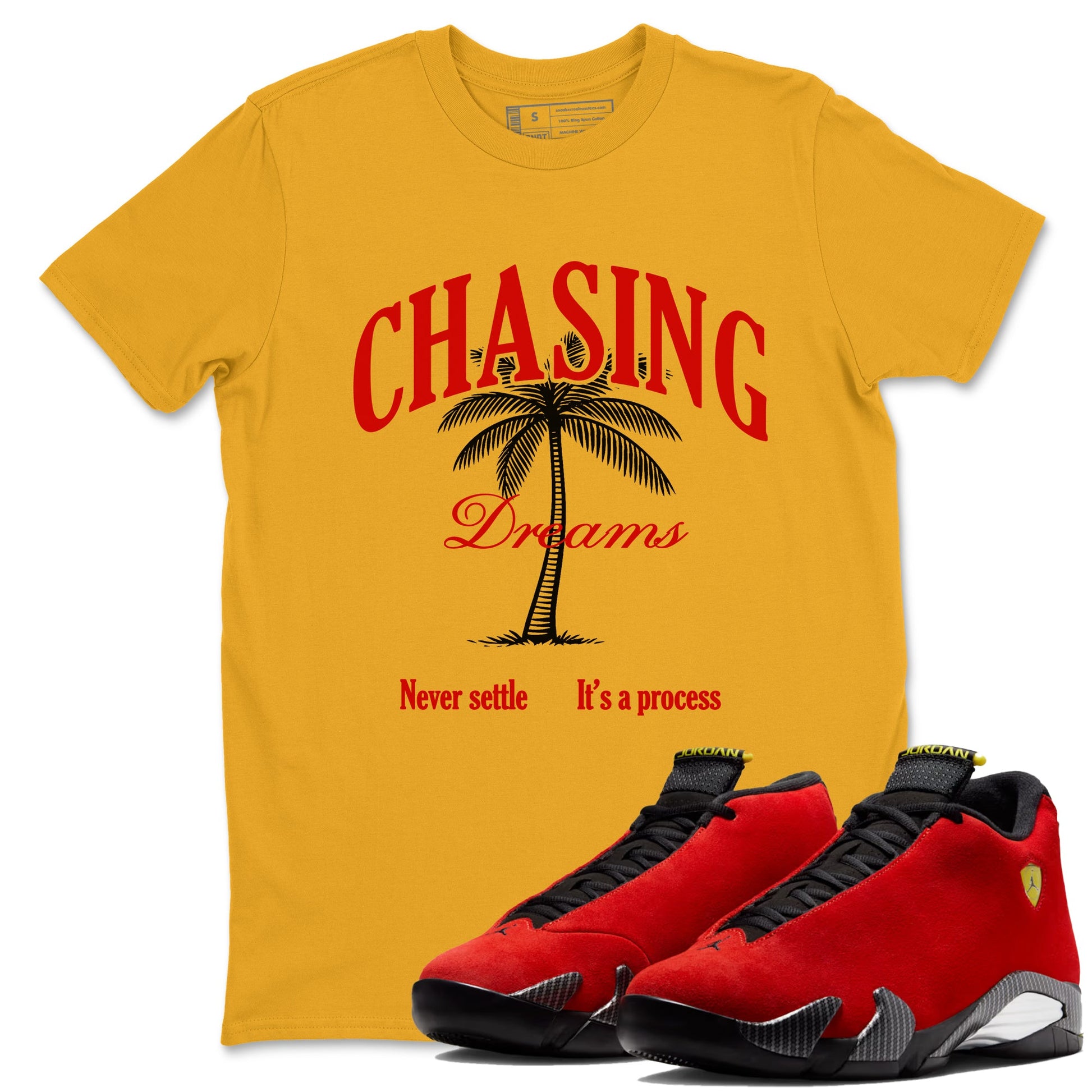 Chasing Dreams sneaker match t-shirt styled to complete your fit with the Air Jordan 14 Challenge Red sneakers, AJ14 Ferrari,  shown in Gold 1.