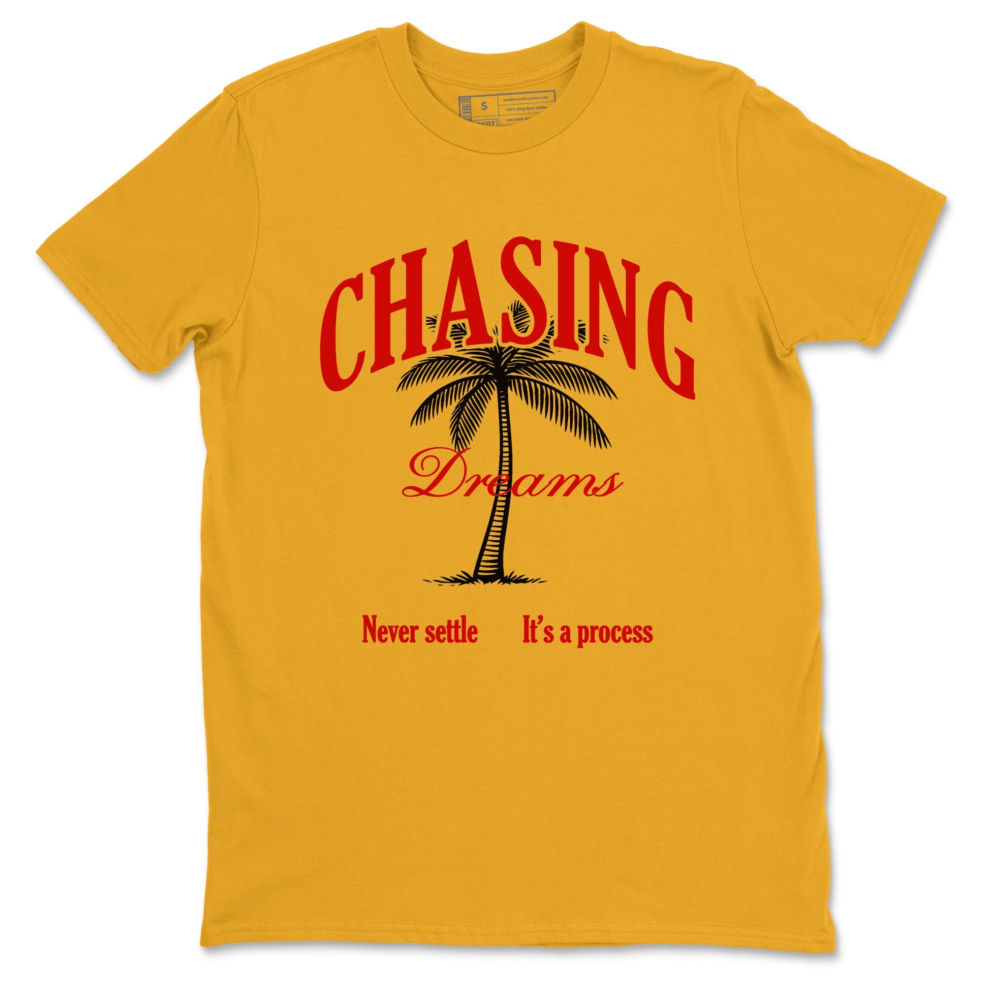 Chasing Dreams sneaker match t-shirt styled to complete your fit with the Air Jordan 14 Challenge Red sneakers, AJ14 Ferrari,  shown in Gold 2.