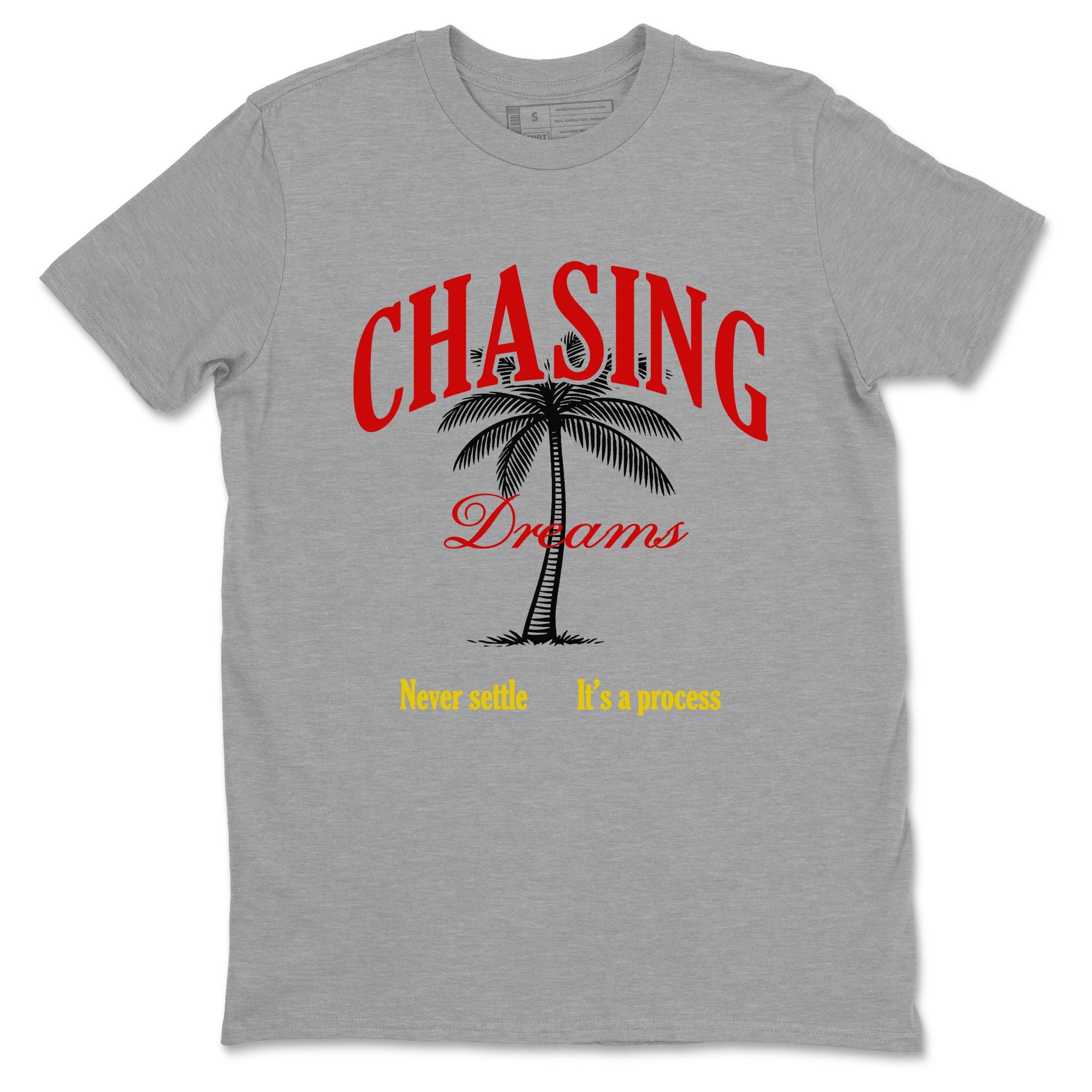 Chasing Dreams sneaker match t-shirt styled to complete your fit with the Air Jordan 14 Challenge Red sneakers, AJ14 Ferrari,  shown in Heather Grey 2.