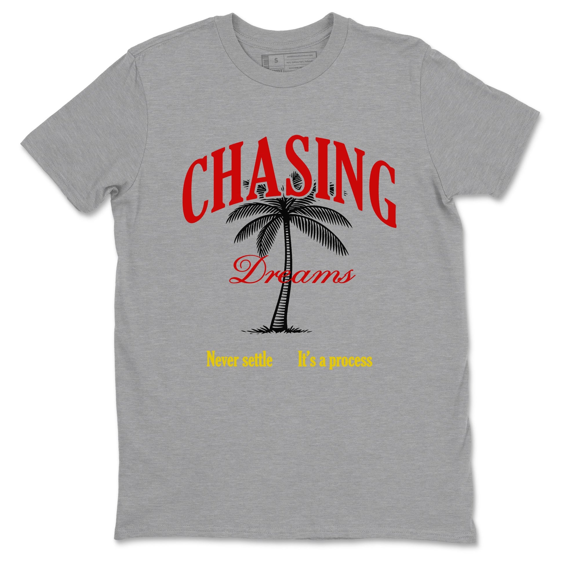 Chasing Dreams sneaker match t-shirt styled to complete your fit with the Air Jordan 14 Challenge Red sneakers, AJ14 Ferrari,  shown in Heather Grey 2.