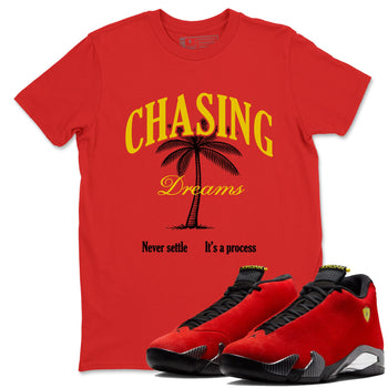 Chasing Dreams sneaker match t-shirt styled to complete your fit with the Air Jordan 14 Challenge Red sneakers, AJ14 Ferrari,  shown in Red 1.