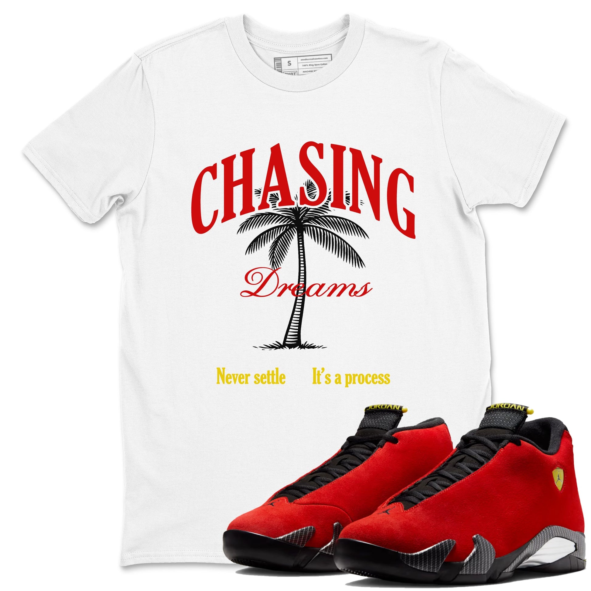 Chasing Dreams sneaker match t-shirt styled to complete your fit with the Air Jordan 14 Challenge Red sneakers, AJ14 Ferrari,  shown in White 1.