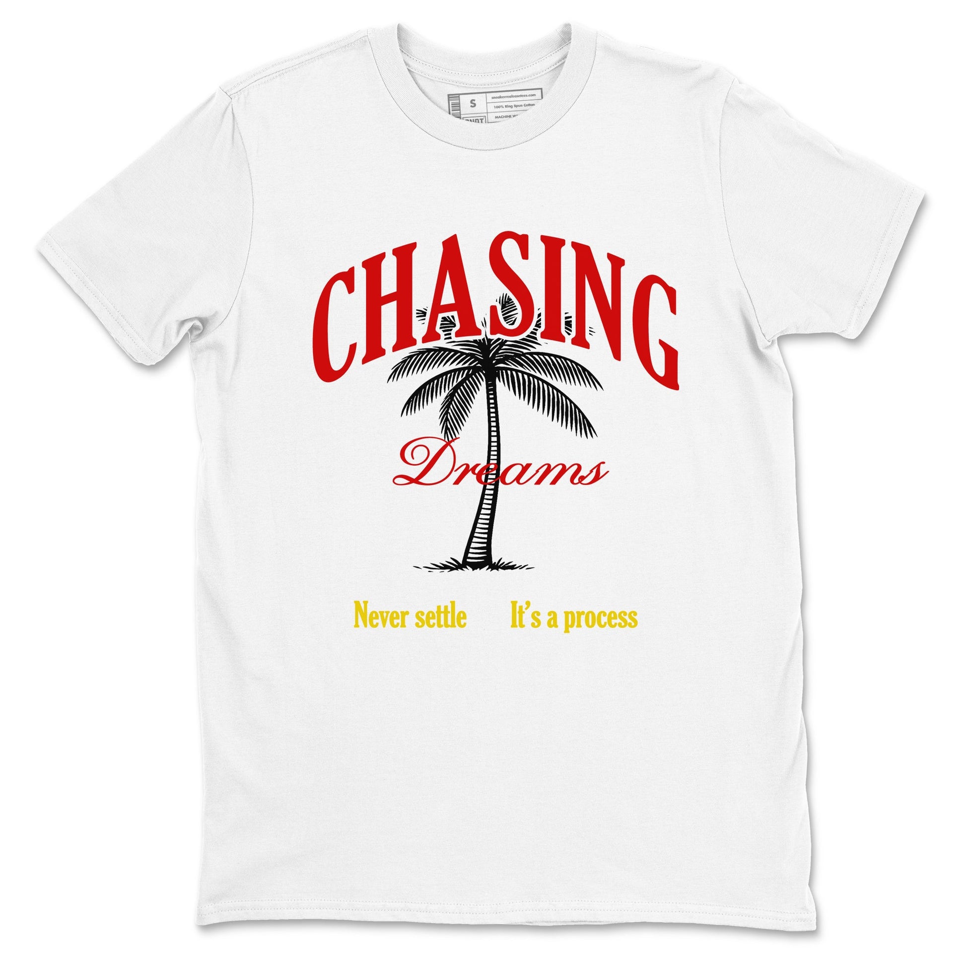 Chasing Dreams sneaker match t-shirt styled to complete your fit with the Air Jordan 14 Challenge Red sneakers, AJ14 Ferrari,  shown in White 2.