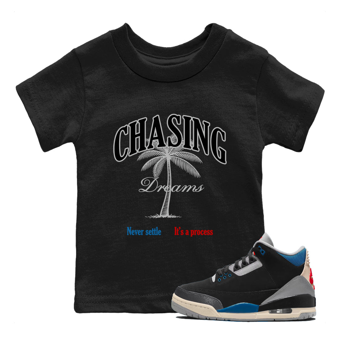 Chasing Dreams baby and kids t-shirt crafted for little sneakerheads to shine with the Air Jordan 3 Rare Air sneakers, displayed in Black 1.