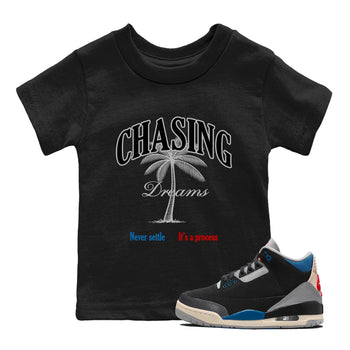 Chasing Dreams baby and kids t-shirt crafted for little sneakerheads to shine with the Air Jordan 3 Rare Air sneakers, displayed in Black 1.