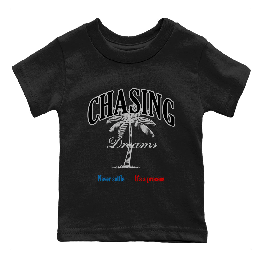 Chasing Dreams baby and kids t-shirt crafted for little sneakerheads to shine with the Air Jordan 3 Rare Air sneakers, displayed in Black 2.