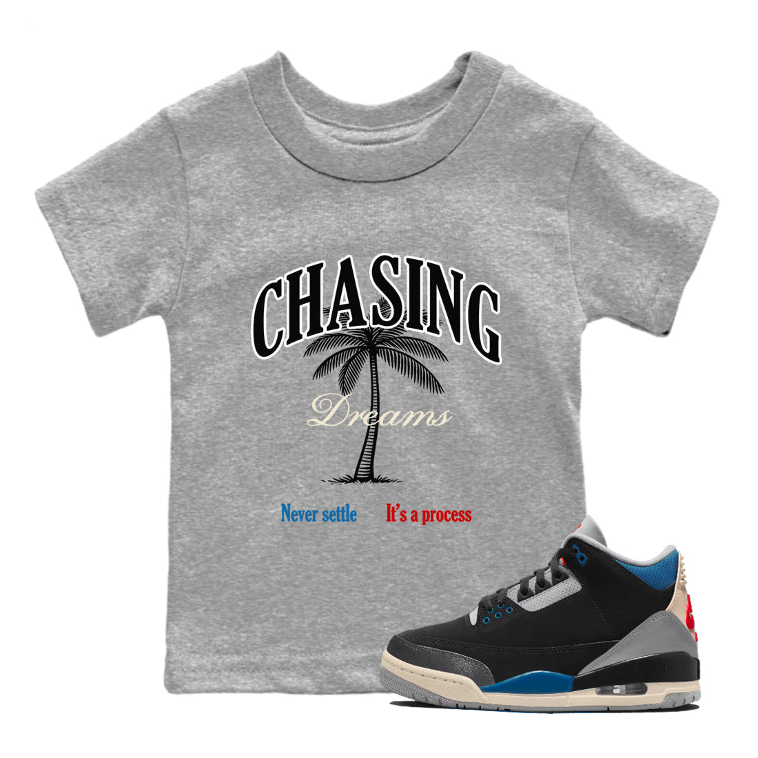 Chasing Dreams baby and kids t-shirt crafted for little sneakerheads to shine with the Air Jordan 3 Rare Air sneakers, displayed in Heather Grey 1.