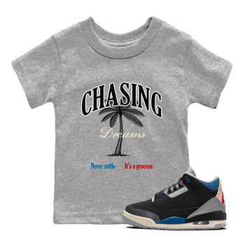 Chasing Dreams baby and kids t-shirt crafted for little sneakerheads to shine with the Air Jordan 3 Rare Air sneakers, displayed in Heather Grey 1.