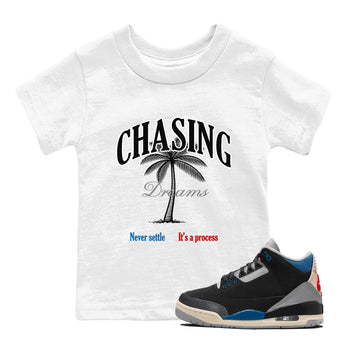 Chasing Dreams baby and kids t-shirt crafted for little sneakerheads to shine with the Air Jordan 3 Rare Air sneakers, displayed in White 1.