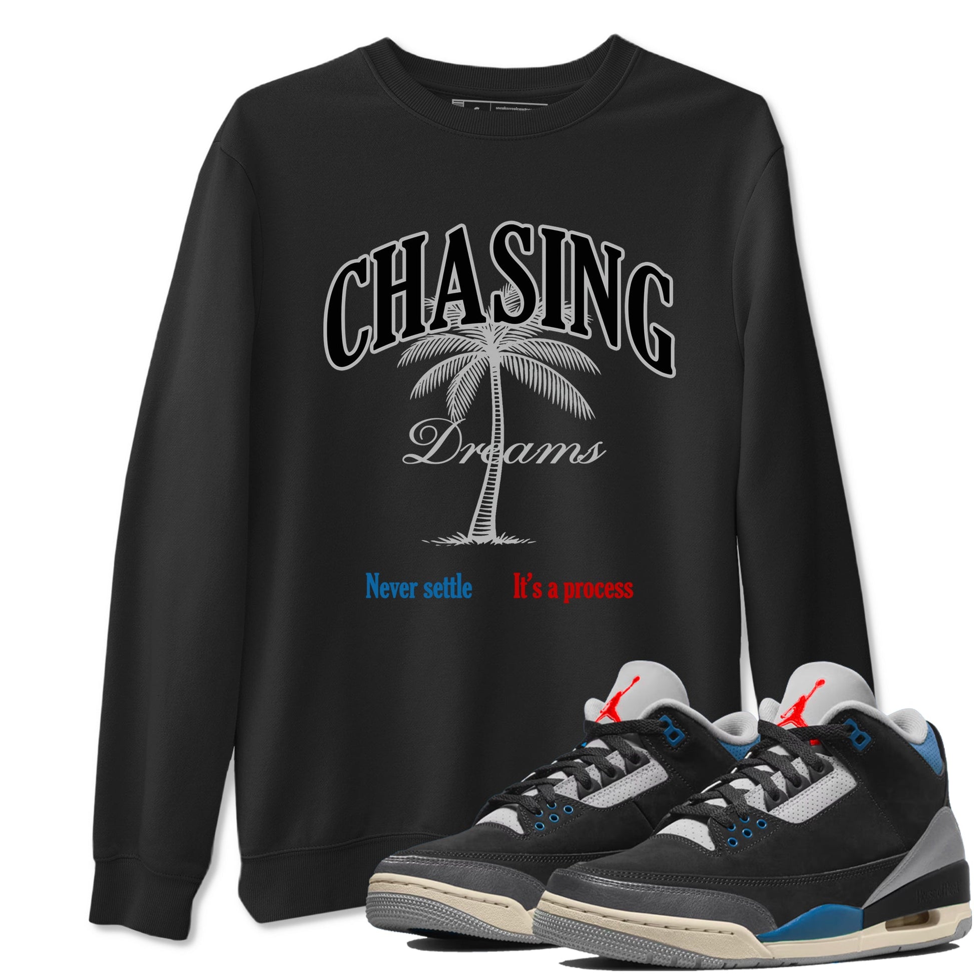 Chasing Dreams sneaker match t-shirt styled to complete your fit with the Air Jordan 3 Rare Air sneakers, shown in Black 1.