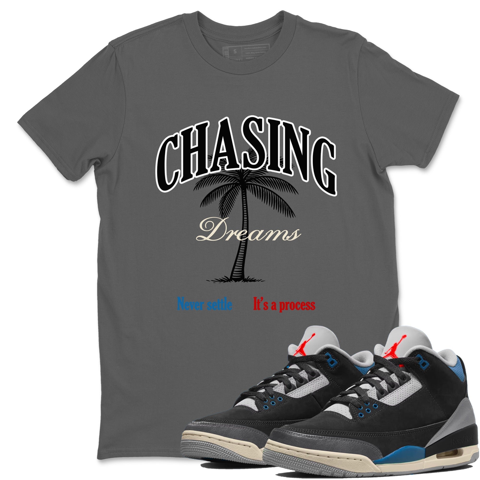 Chasing Dreams sneaker match t-shirt styled to complete your fit with the Air Jordan 3 Rare Air sneakers, shown in Cool Grey 1.