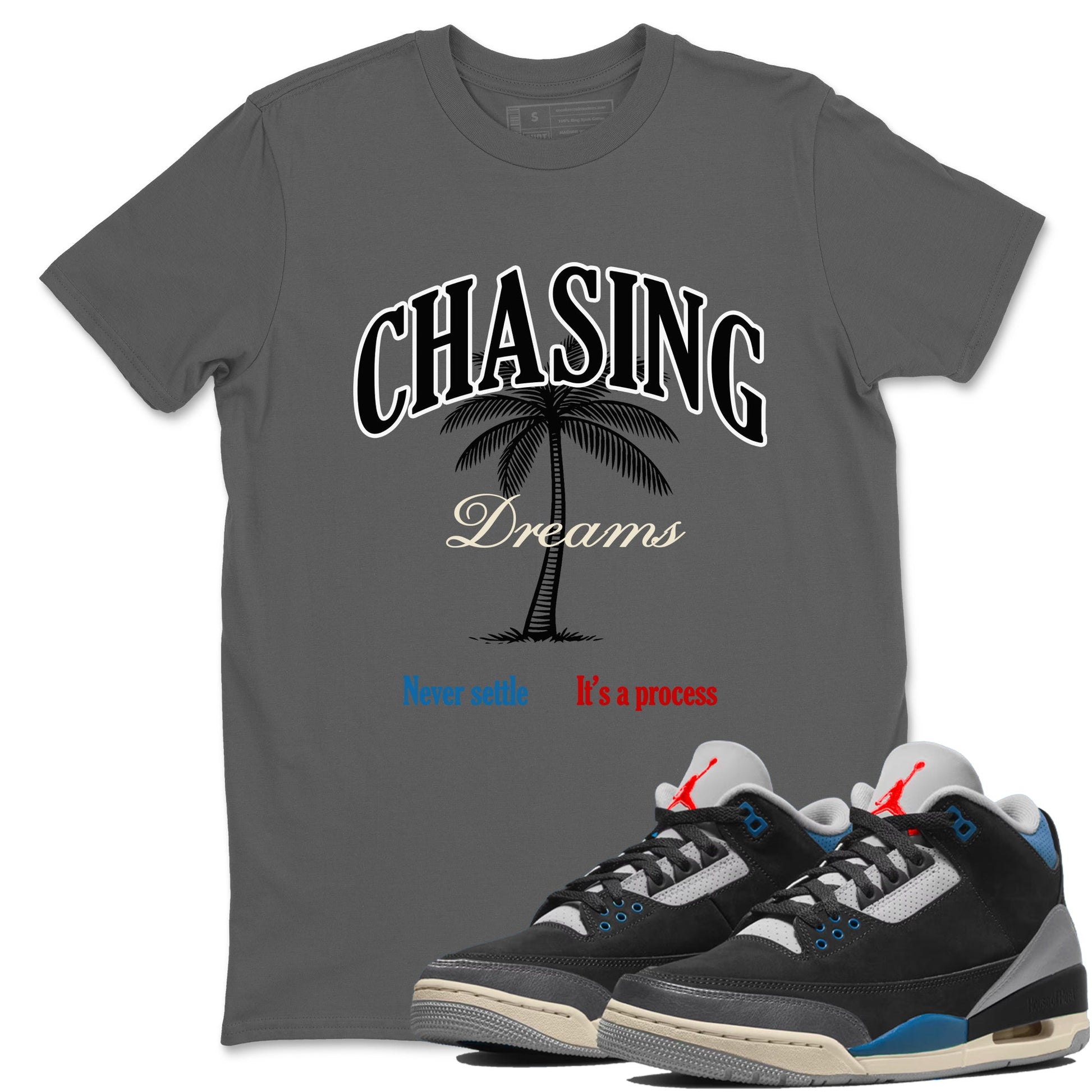 Chasing Dreams sneaker match t-shirt styled to complete your fit with the Air Jordan 3 Rare Air sneakers, shown in Cool Grey 1.