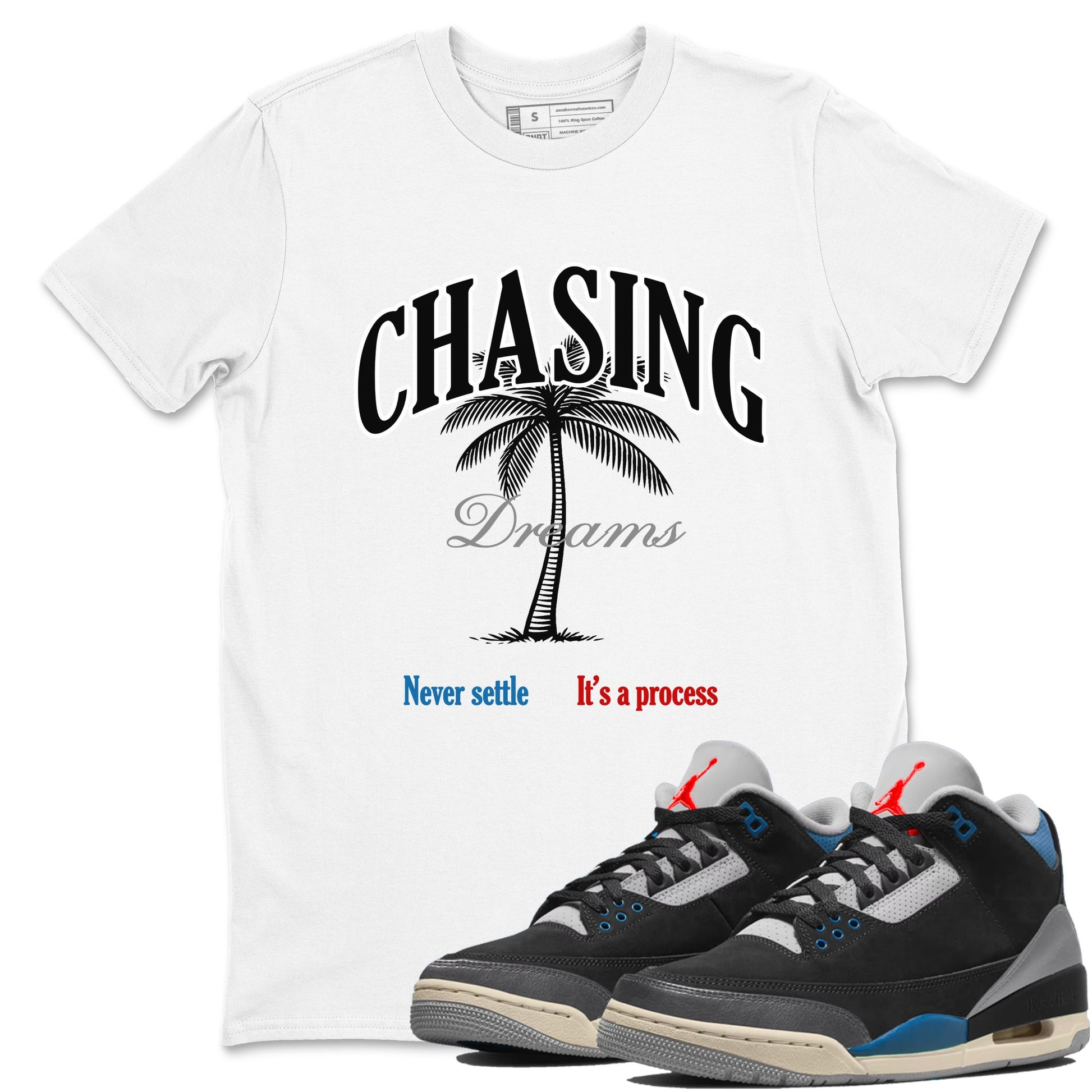 Chasing Dreams sneaker match t-shirt styled to complete your fit with the Air Jordan 3 Rare Air sneakers, shown in White 1.