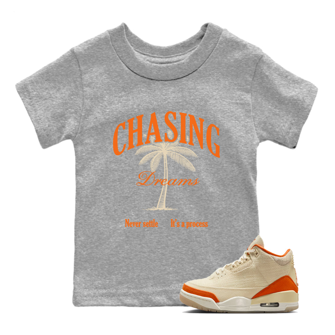 Chasing Dreams baby and kids t-shirt crafted for little sneakerheads to shine with the Air Jordan 3 Starfish sneakers, displayed in Heather Grey 1.