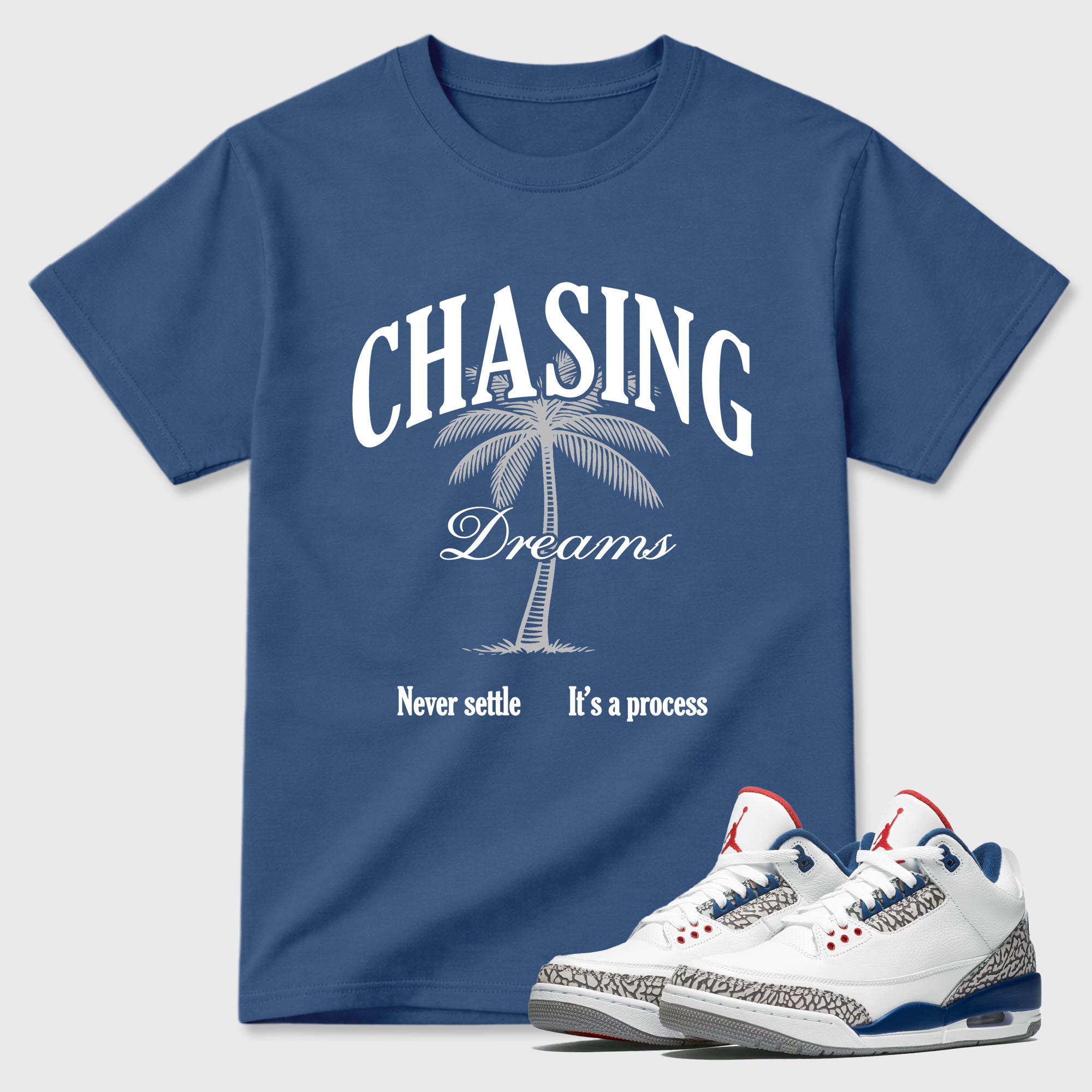 Chasing Dreams Graphic T-Shirt featuring original streetwear artwork designed to match the Air Jordan 3 True Blue. Denim Blue 1 Graphic T-Shirt.