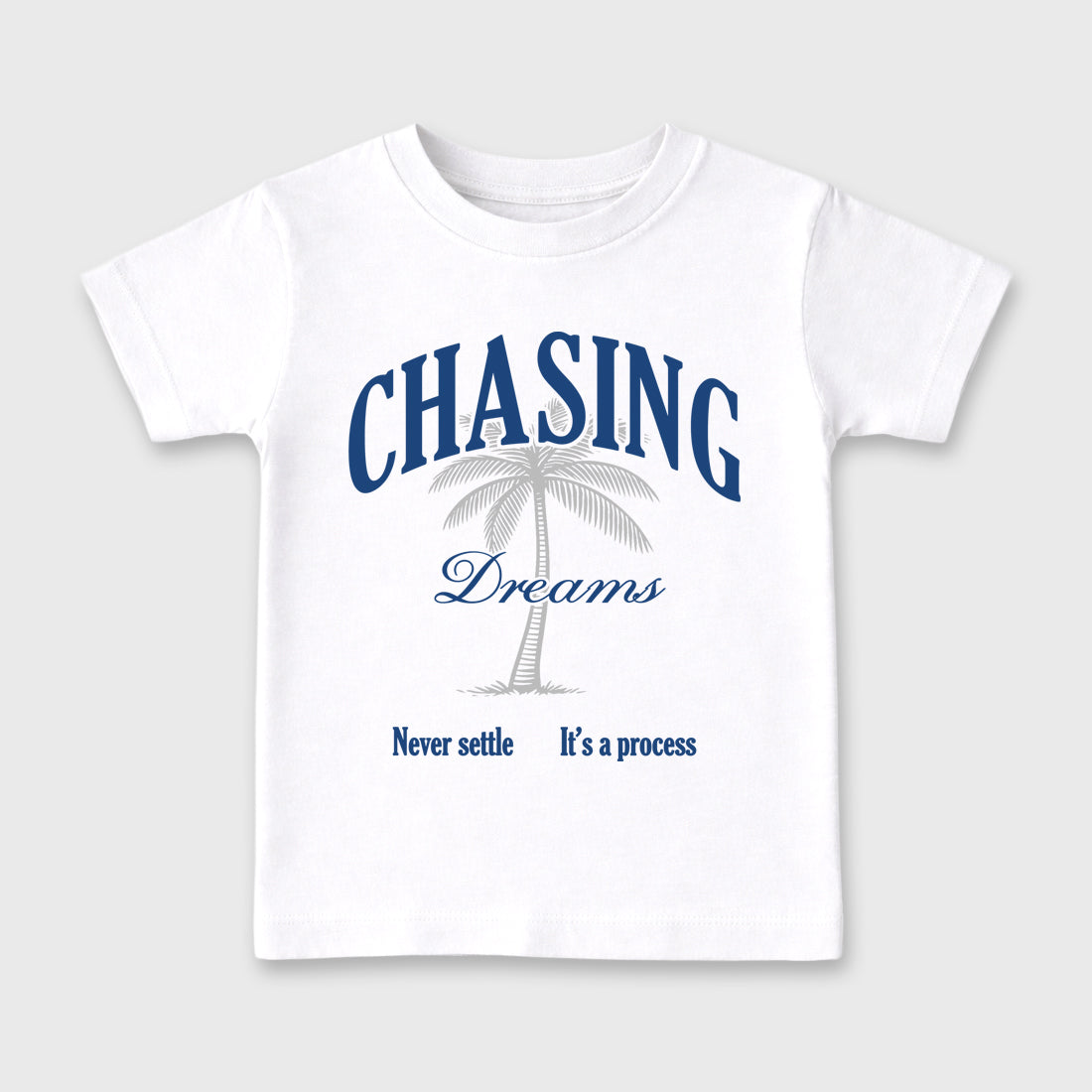 Chasing Dreams Baby & Kids Graphic T-Shirt featuring original artwork designed to match the Air Jordan 3 True Blue. White 2 Kids Graphic Tee.
