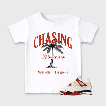 Sneaker match tees – Sneaker Tees To Match Air Jordan 4 Brick After Brick Shoes – Chasing Dreams Kids T-Shirt White 1