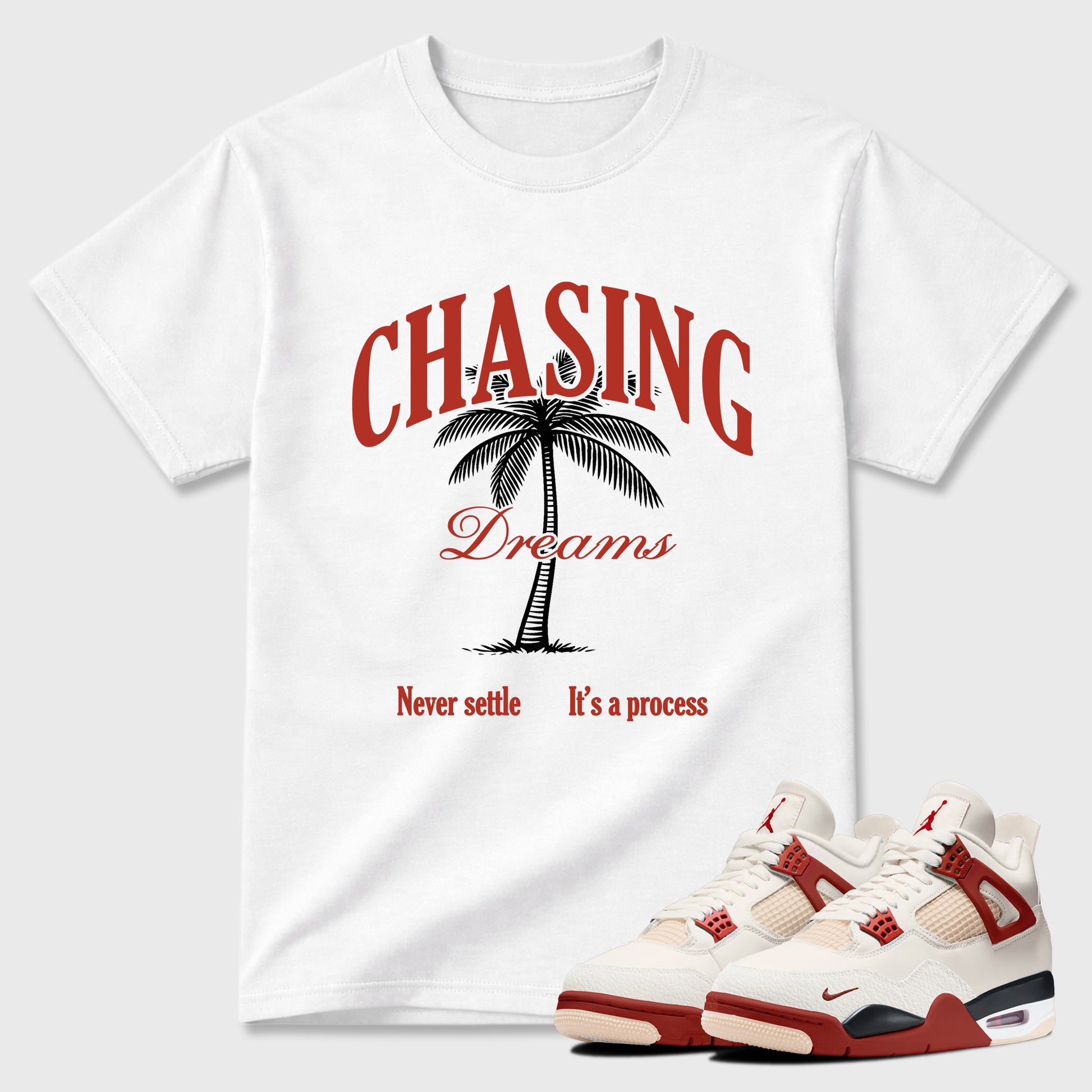 Sneaker match tees – Sneaker Tees To Match Air Jordan 4 Brick After Brick Shoes – Chasing Dreams Tee White 1