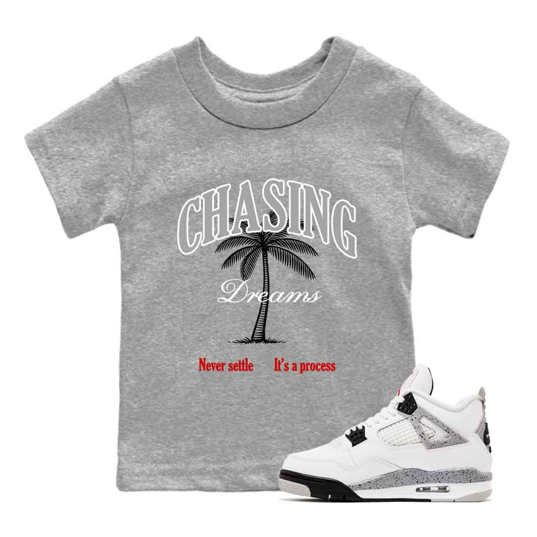 Chasing Dreams baby and kids t-shirt crafted for little sneakerheads to shine with the Air Jordan 4 White Cement sneakers, displayed in Heather Grey 1.