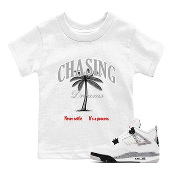 Chasing Dreams baby and kids t-shirt crafted for little sneakerheads to shine with the Air Jordan 4 White Cement sneakers, displayed in White 1.