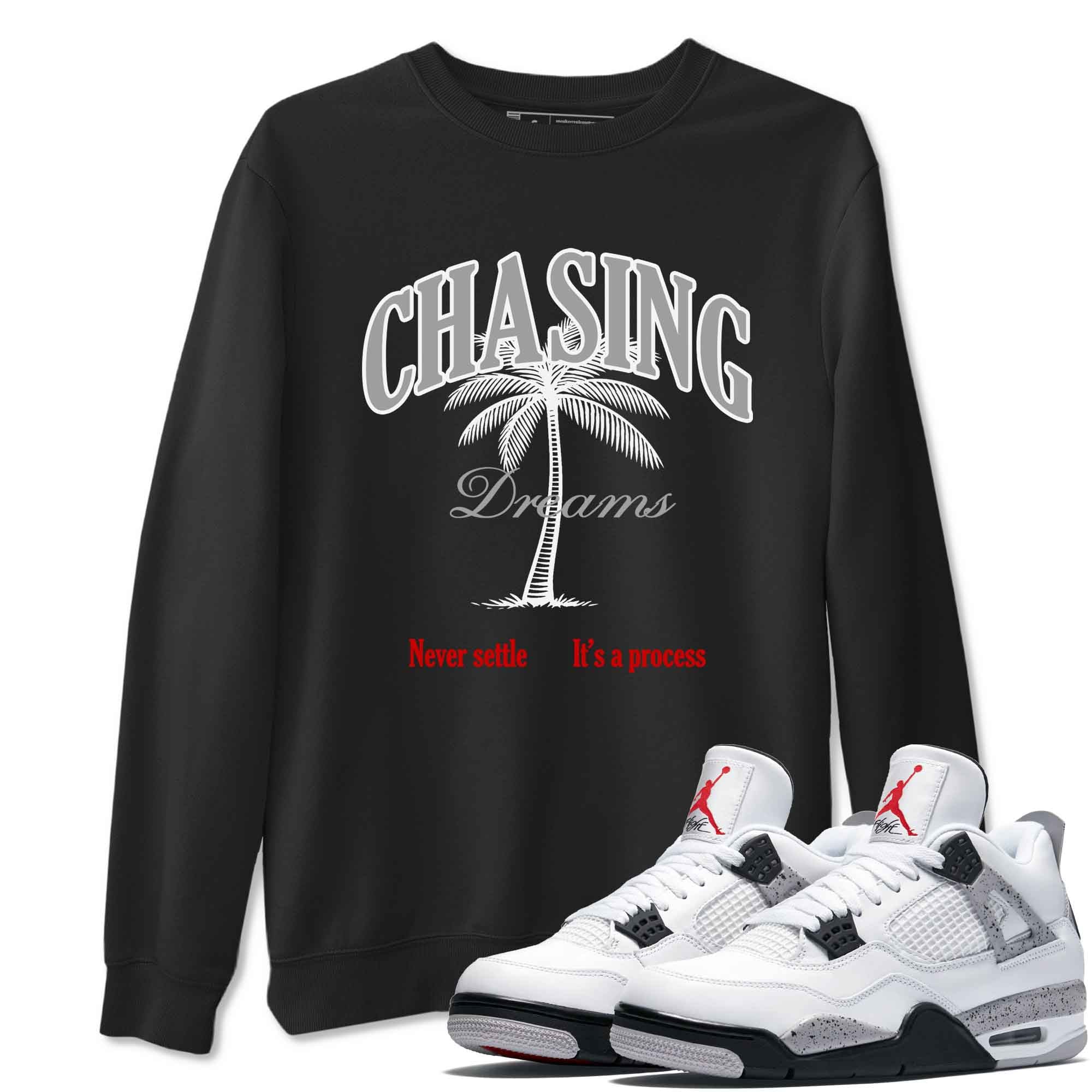 Chasing Dreams sneaker match t-shirt styled to complete your fit with the Air Jordan 4 White Cement sneakers, shown in Black 1.