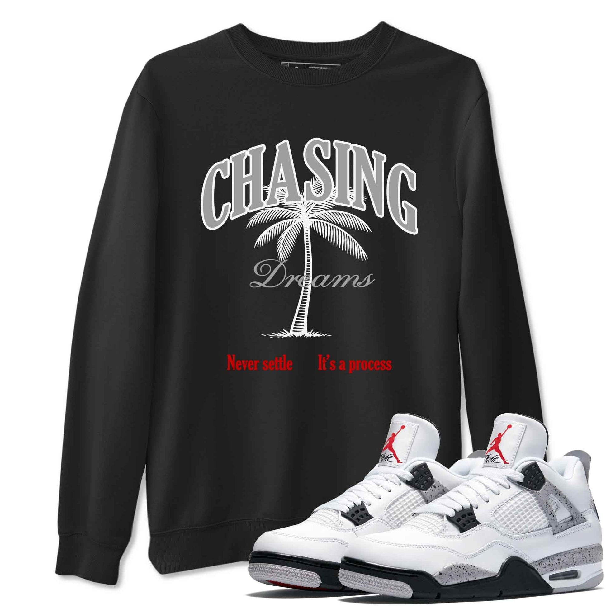 Chasing Dreams sneaker match t-shirt styled to complete your fit with the Air Jordan 4 White Cement sneakers, shown in Black 1.