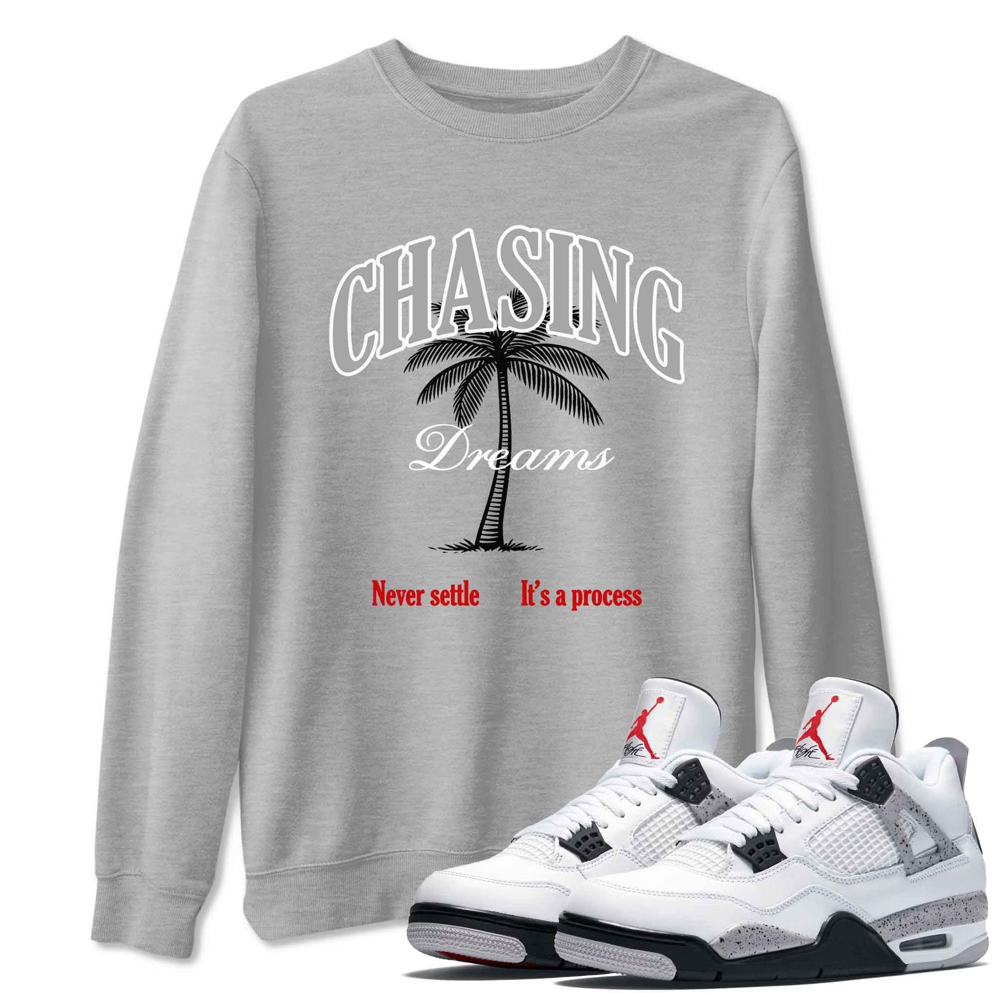 Chasing Dreams sneaker match t-shirt styled to complete your fit with the Air Jordan 4 White Cement sneakers, shown in Heather Grey 1.