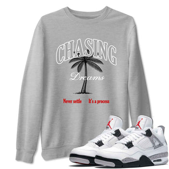 Chasing Dreams sneaker match t-shirt styled to complete your fit with the Air Jordan 4 White Cement sneakers, shown in Heather Grey 1.