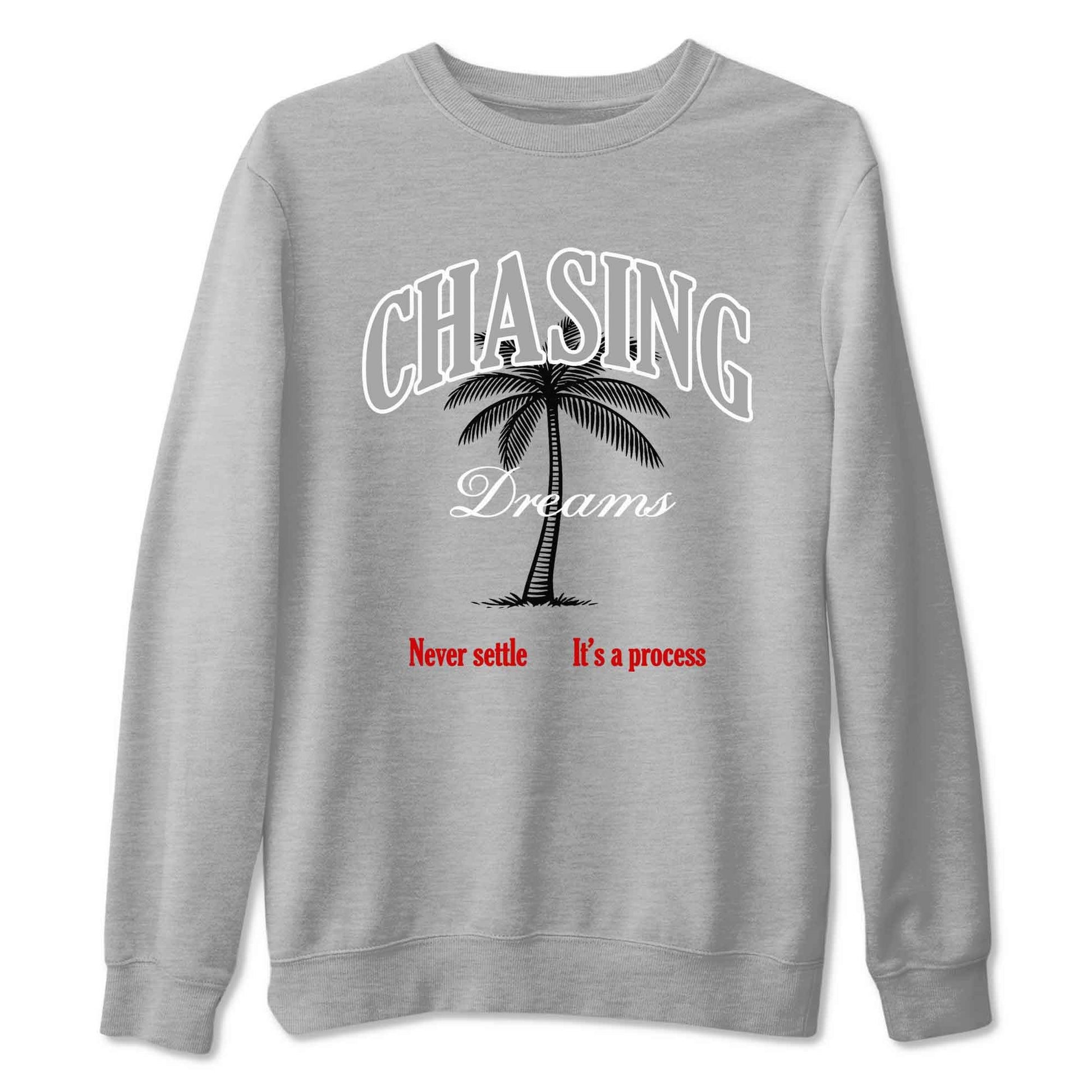 Chasing Dreams sneaker match t-shirt styled to complete your fit with the Air Jordan 4 White Cement sneakers, shown in Heather Grey 2.