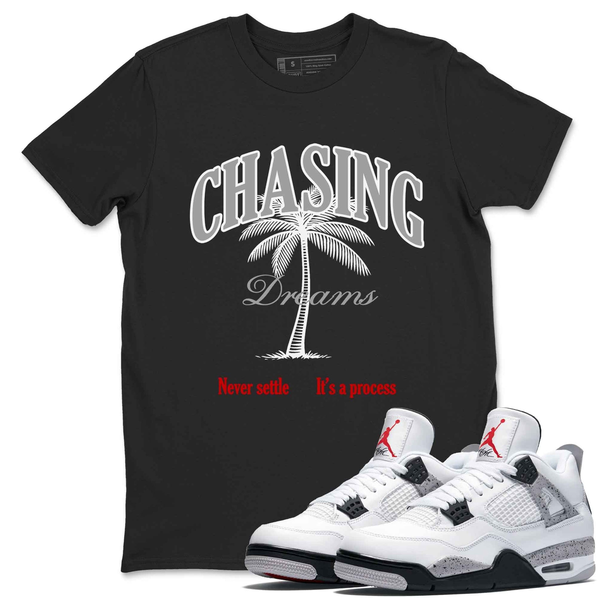 Chasing Dreams sneaker match t-shirt styled to complete your fit with the Air Jordan 4 White Cement sneakers, shown in Black 1.