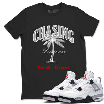Chasing Dreams sneaker match t-shirt styled to complete your fit with the Air Jordan 4 White Cement sneakers, shown in Black 1.