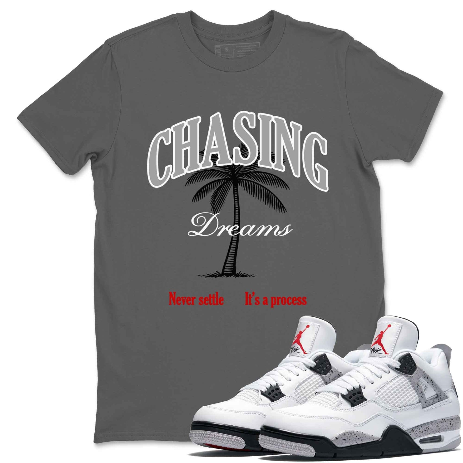 Chasing Dreams sneaker match t-shirt styled to complete your fit with the Air Jordan 4 White Cement sneakers, shown in Cool Grey 1.
