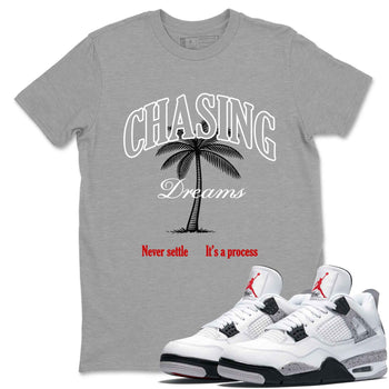 Chasing Dreams sneaker match t-shirt styled to complete your fit with the Air Jordan 4 White Cement sneakers, shown in Heather Grey 1.
