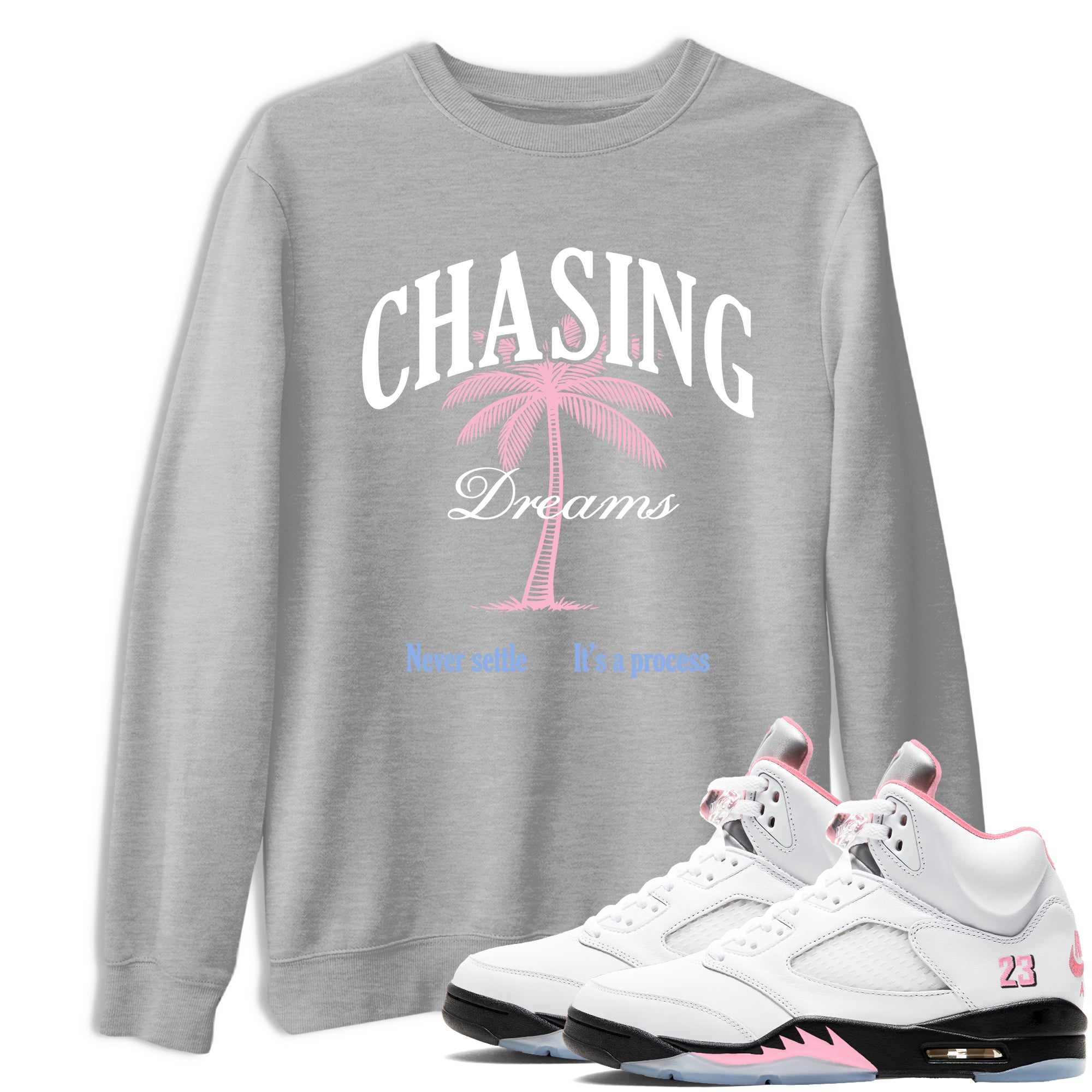 Sneaker match tees – Sneaker Tees To Match Air Jordan 5 Medium Soft Pink Shoes – Chasing Dreams Tee Heather Grey 1