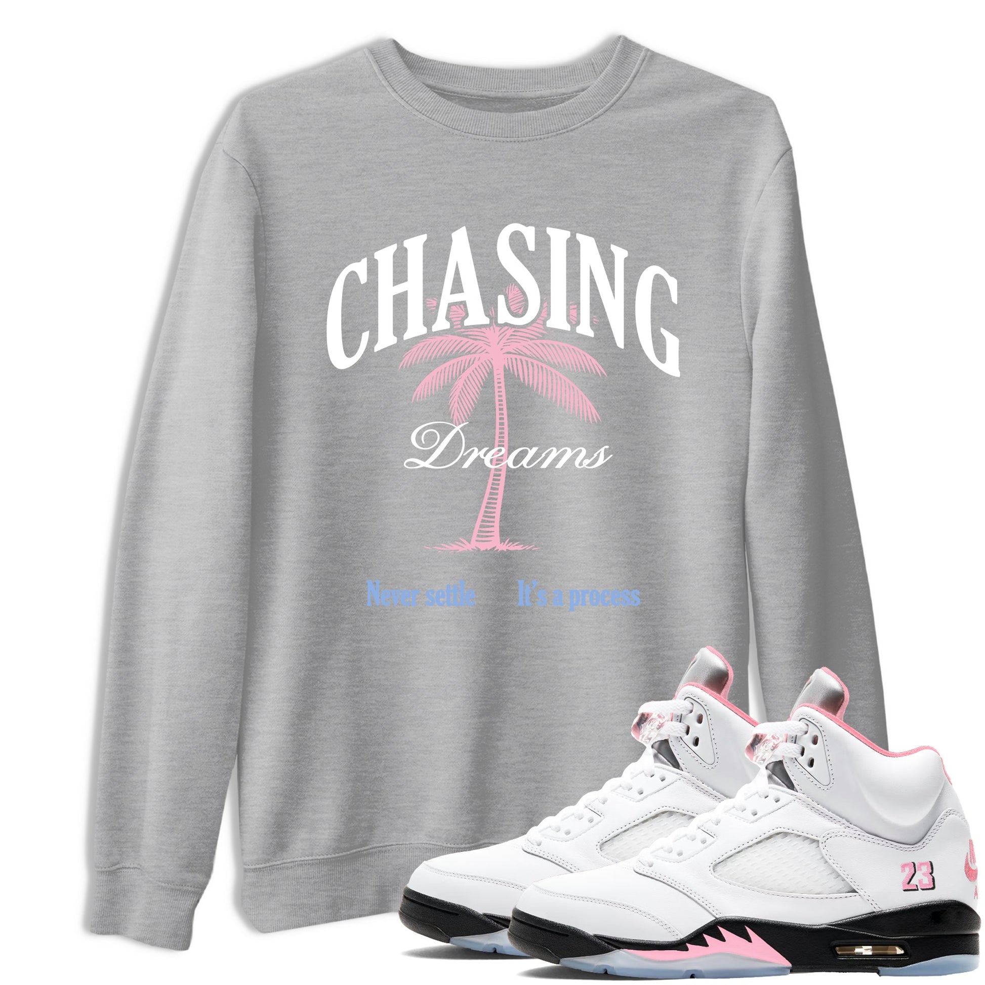 Sneaker match tees – Sneaker Tees To Match Air Jordan 5 Medium Soft Pink Shoes – Chasing Dreams Tee Heather Grey 1