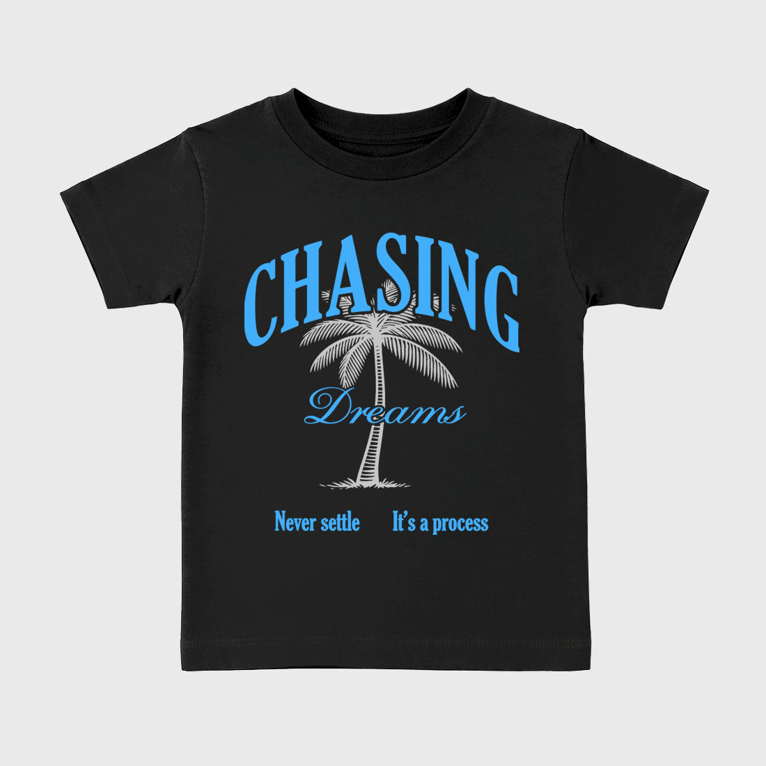 Chasing Dreams affordable baby and kids t-shirt designed to match the Air Jordan 5 Black University Blue, featuring coordinated Black 2 options for the perfect little sneakerhead streetwear look.