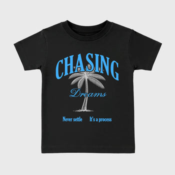 Chasing Dreams affordable baby and kids t-shirt designed to match the Air Jordan 5 Black University Blue, featuring coordinated Black 2 options for the perfect little sneakerhead streetwear look.