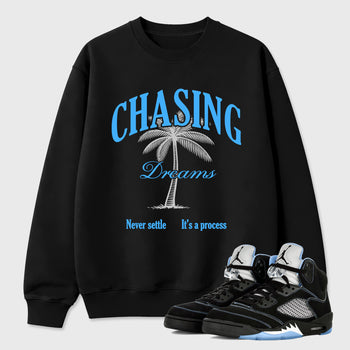 Chasing Dreams Graphic T-Shirt sneaker match tee designed for the Air Jordan 5 Black University Blue, featuring coordinated color options for a perfect streetwear match. Black 1 shirt.