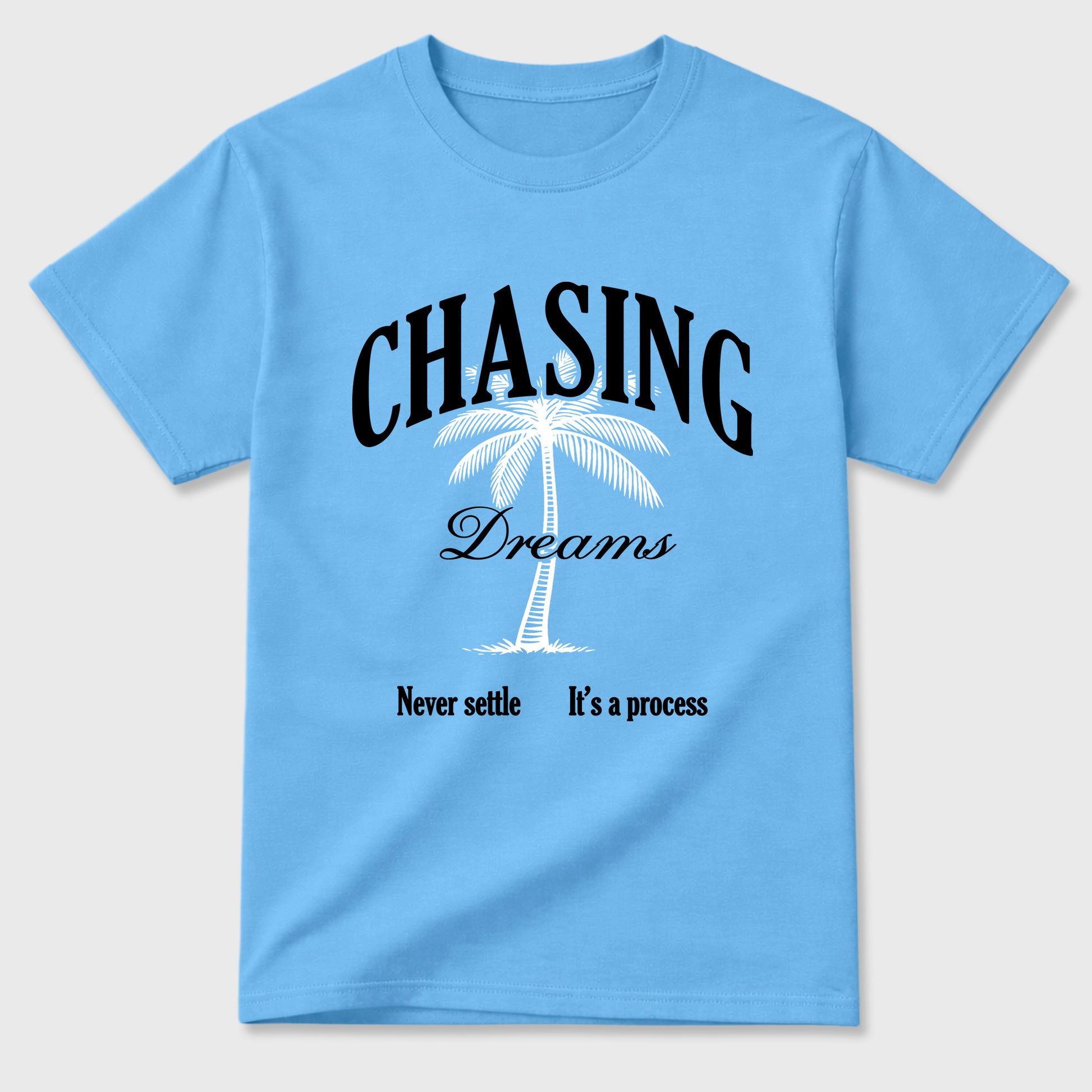 Chasing Dreams Graphic T-Shirt sneaker match tee designed for the Air Jordan 5 Black University Blue, featuring coordinated color options for a perfect streetwear match. Carolina Blue 2 shirt.