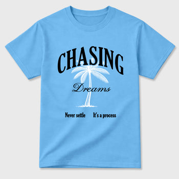 Chasing Dreams Graphic T-Shirt sneaker match tee designed for the Air Jordan 5 Black University Blue, featuring coordinated color options for a perfect streetwear match. Carolina Blue 2 shirt.