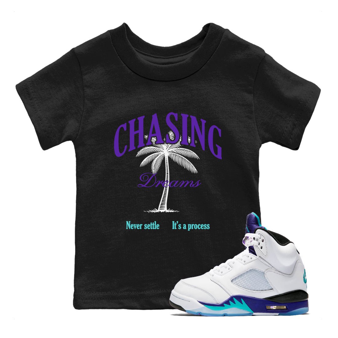 Chasing Dreams baby and kids t-shirt crafted for little sneakerheads to shine with the Air Jordan 5 Grape sneakers, displayed in Black 1.