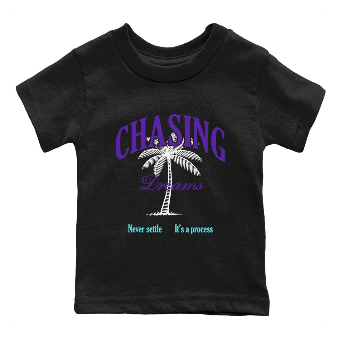 Chasing Dreams baby and kids t-shirt crafted for little sneakerheads to shine with the Air Jordan 5 Grape sneakers, displayed in Black 2.