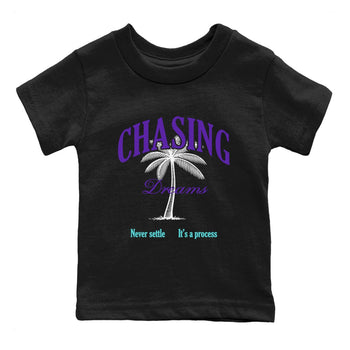 Chasing Dreams baby and kids t-shirt crafted for little sneakerheads to shine with the Air Jordan 5 Grape sneakers, displayed in Black 2.
