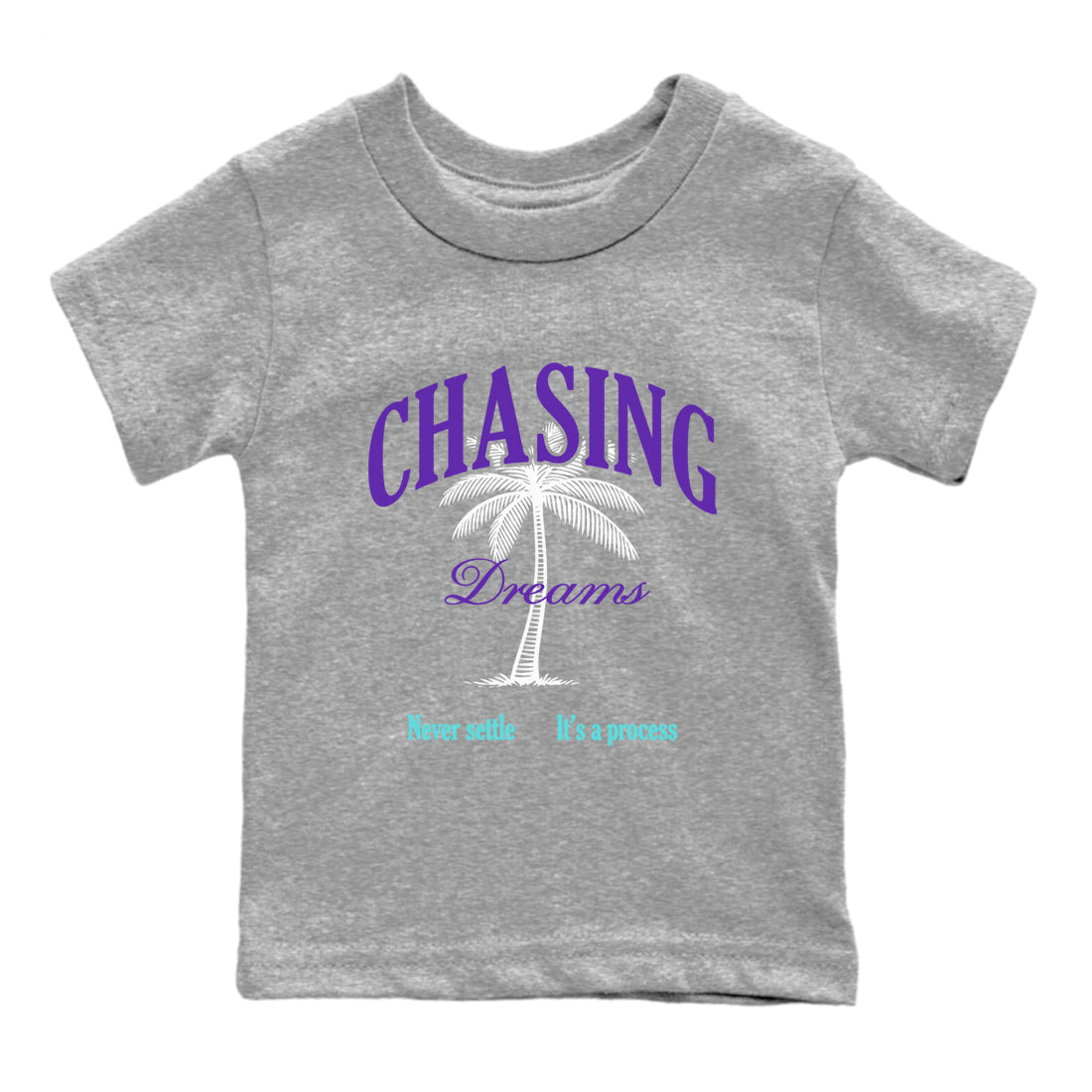 Chasing Dreams baby and kids t-shirt crafted for little sneakerheads to shine with the Air Jordan 5 Grape sneakers, displayed in Heather Grey 2.