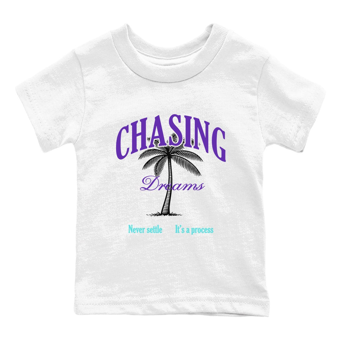 Chasing Dreams baby and kids t-shirt crafted for little sneakerheads to shine with the Air Jordan 5 Grape sneakers, displayed in White 2.