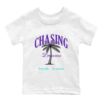Chasing Dreams baby and kids t-shirt crafted for little sneakerheads to shine with the Air Jordan 5 Grape sneakers, displayed in White 2.