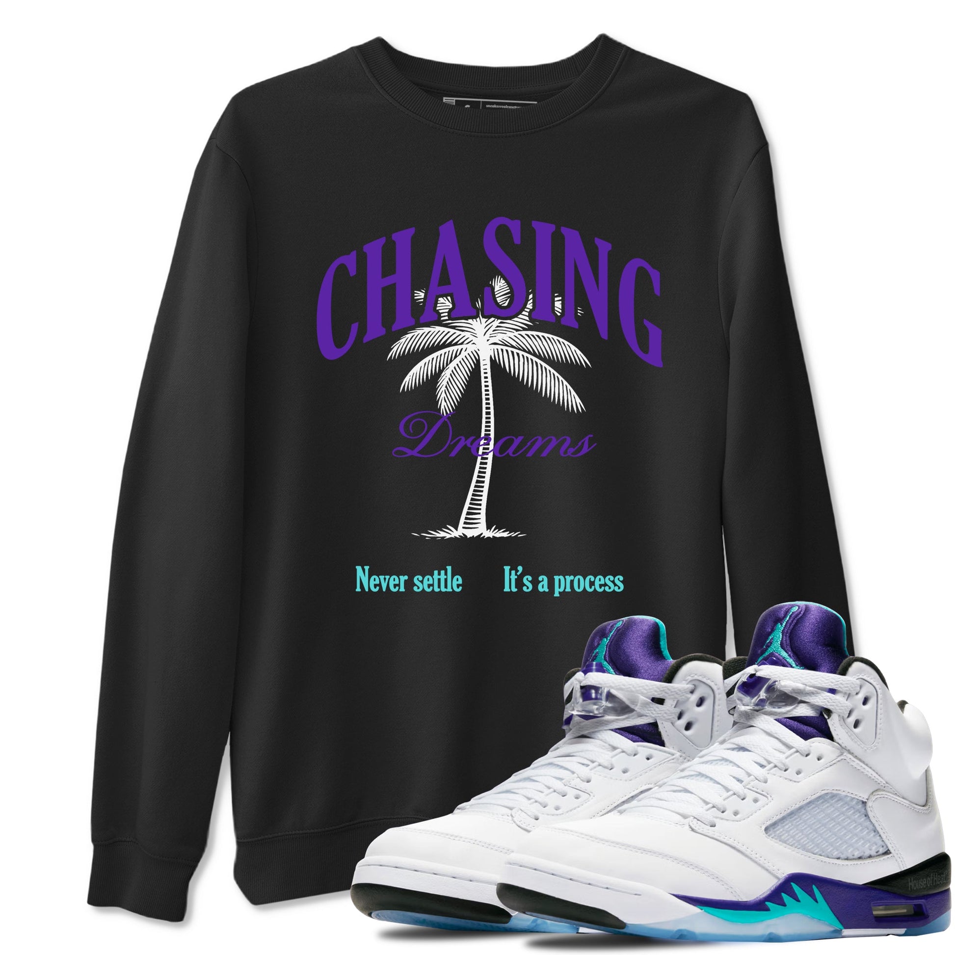 Chasing Dreams sneaker match t-shirt styled to complete your fit with the Air Jordan 5 Grape sneakers, shown in Black 1.