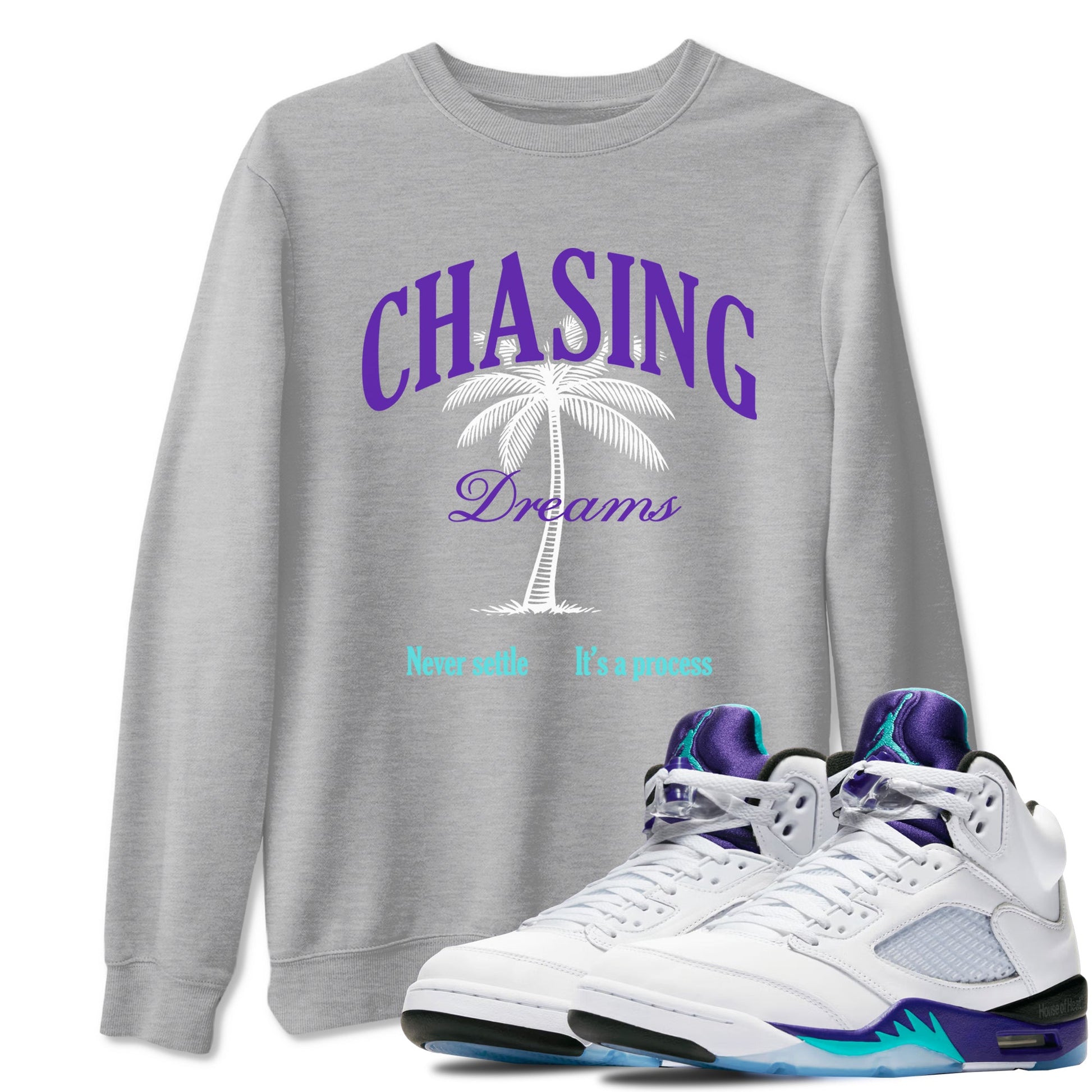 Chasing Dreams sneaker match t-shirt styled to complete your fit with the Air Jordan 5 Grape sneakers, shown in Heather Grey 1.