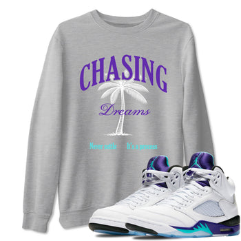 Chasing Dreams sneaker match t-shirt styled to complete your fit with the Air Jordan 5 Grape sneakers, shown in Heather Grey 1.